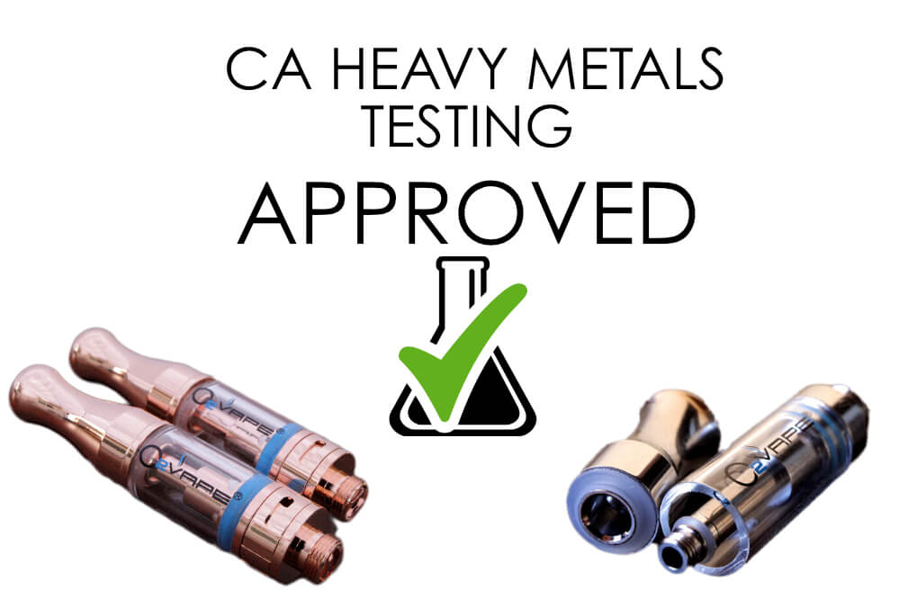 2 rose gold vape cartridges of different sizes are portrayed on the left, with 1 opened cartridge to the right. Text on this image reads "CA heavy metals testing approved"