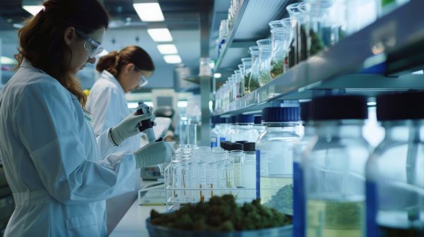 Cannabis Cultivation Research in Lab. Quality control process in the pharmaceutical cannabis industry. Research and analysis in the field of medical marijuana